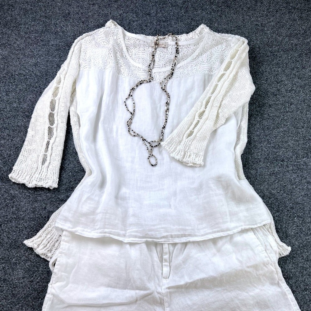Bellavita Made in Italy White Lace Linen Blend Blouse Top‎ Womens M Boho Ruffle